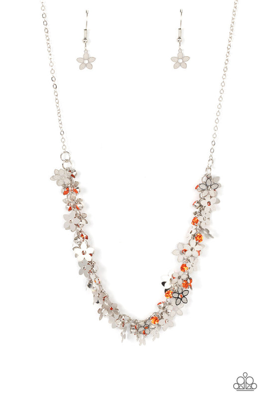 Paparazzi Accessories Fearlessly Floral - Orange Featuring textured petals, a dainty collection of silver flower frames and glassy orange rhinestones delicately cluster along the bottom of a silver chain for a flirtatious floral look below the collar. Fea