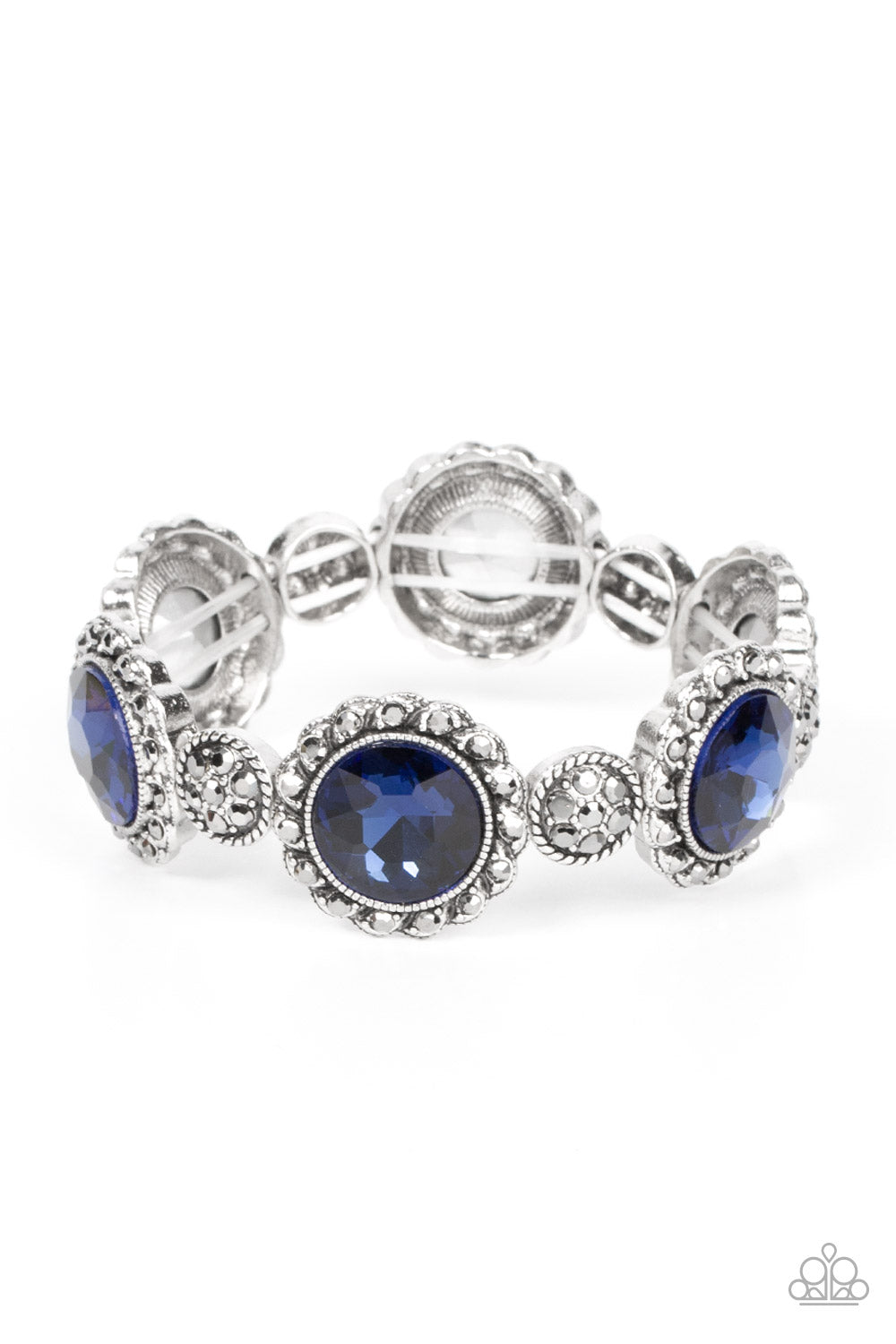 Paparazzi Accessories Palace Property - Blue An oversized blue rhinestone adorns the center of a hematite rhinestone petaled floral frame. Infused with hematite dotted silver accents, the glitzy floral frames sparkle along stretchy bands around the wrist