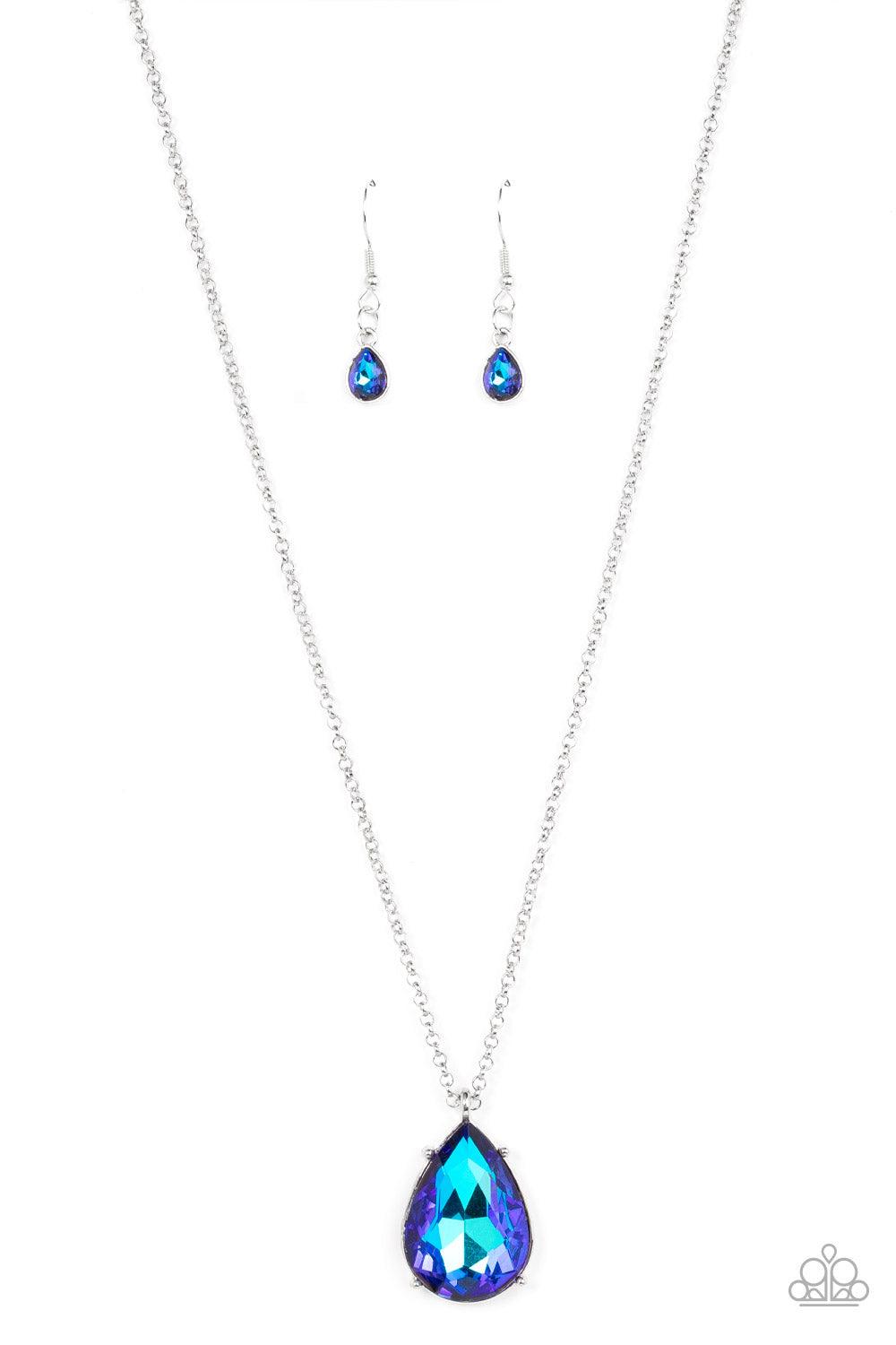 Paparazzi Accessories Illustrious Icon - Blue Featuring a pronged fitting, a dramatically oversized iridescent blue teardrop gem sparkles at the bottom of a silver chain for an iconic fashion. Features an adjustable clasp closure. Sold as one individual n