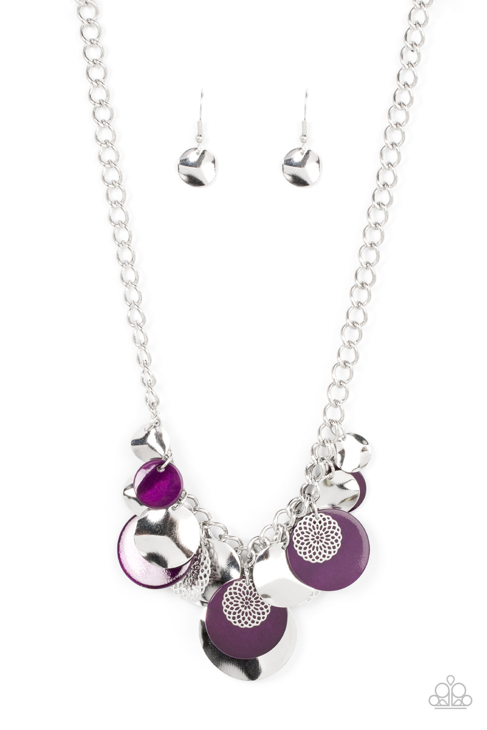 Paparazzi Accessories Oceanic Opera - Purple A summery collection of bent silver discs, plum shell-like discs, and silver mandala-like accents cascades from a pair of layered silver chains, resulting in a bubbly and boisterous fringe below the collar. Fea