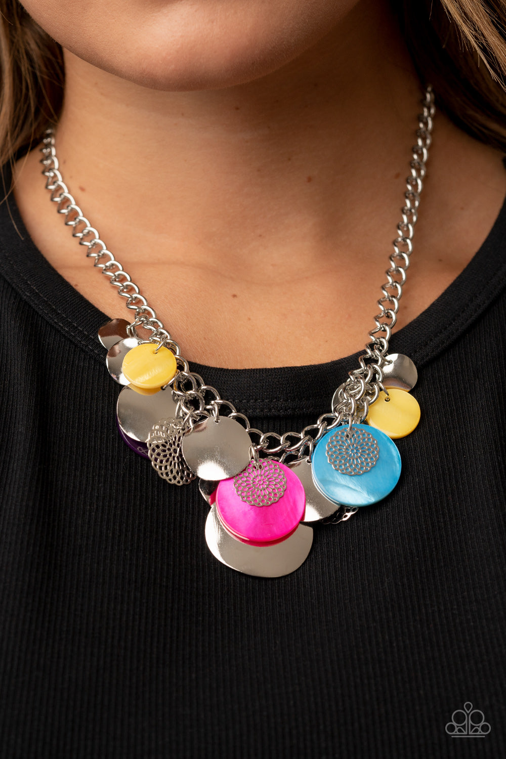Paparazzi Accessories Oceanic Opera - Multi A summery collection of bent silver discs, multicolored shell-like discs, and silver mandala-like accents cascades from a pair of layered silver chains, resulting in a bubbly and boisterous fringe below the coll
