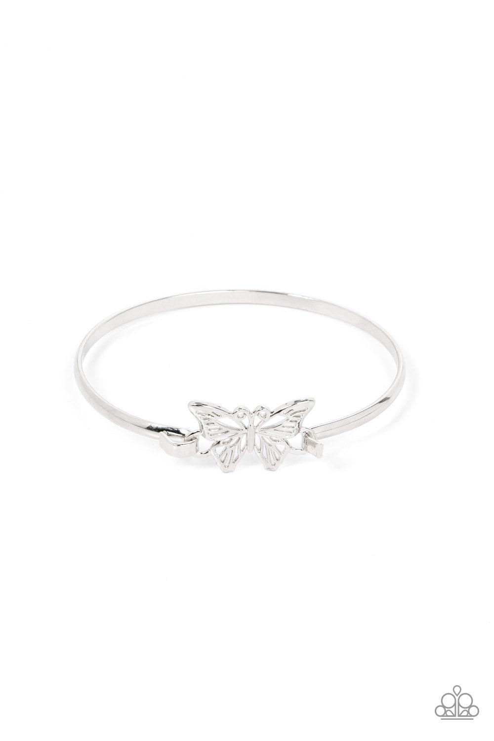 Paparazzi Accessories Did I FLUTTER? - Silver Attached to a shiny silver bangle-like bracelet, a silver butterfly flutters atop the wrist for a dainty fashion. Features a hook and eye closure. Sold as one individual bracelet. Bracelets