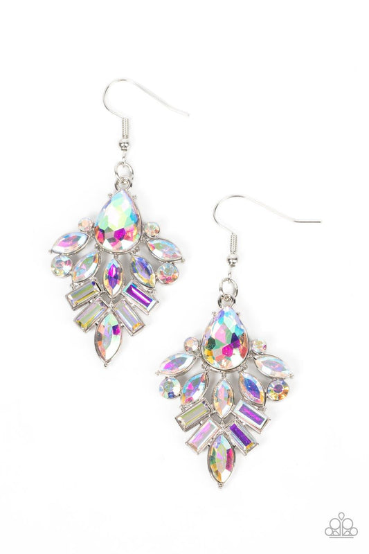 Paparazzi Accessories Stellar-escent Elegance - Multi A stunning stack of round, emerald, teardrop, and marquise cut iridescent rhinestones lavishly fans out into a stellar lure. Earring attaches to a standard fishhook fitting. Sold as one pair of earring