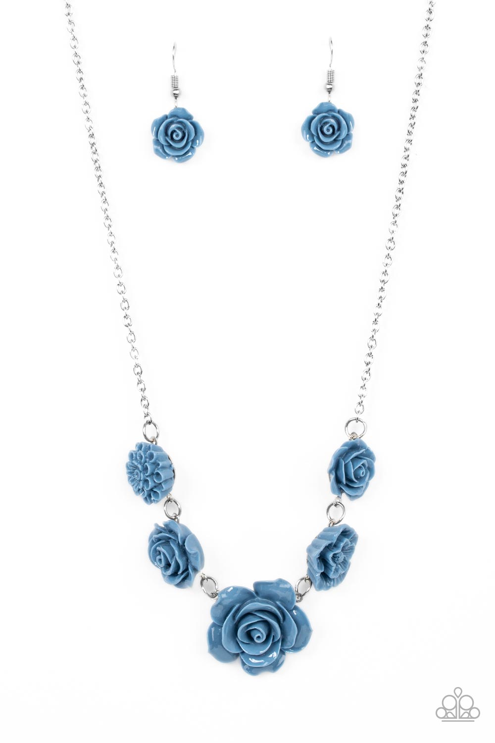Paparazzi Accessories PRIMROSE and Pretty - Blue A dainty collection of primrose and floral Spring Lake frames delicately connect below the collar, blooming into a seasonal centerpiece. Features an adjustable clasp closure. Sold as one individual necklace