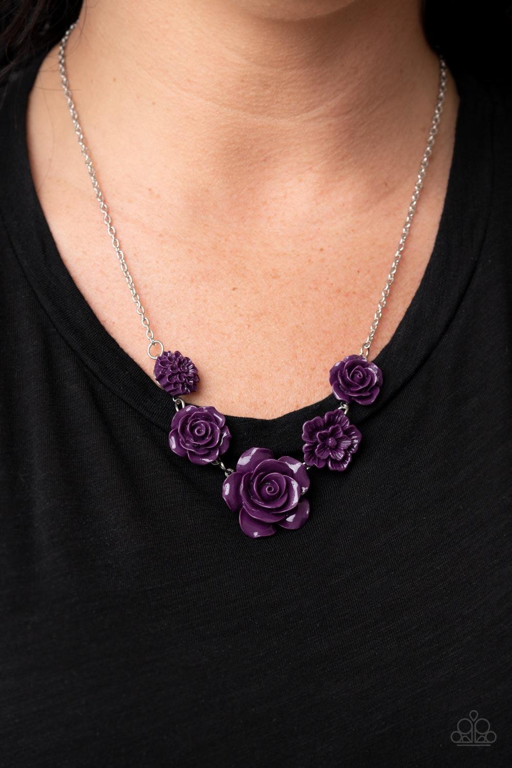 Paparazzi Accessories PRIMROSE and Pretty - Purple A dainty collection of primrose and floral plum frames delicately connect below the collar, blooming into a seasonal centerpiece. Features an adjustable clasp closure. Sold as one individual necklace. Inc
