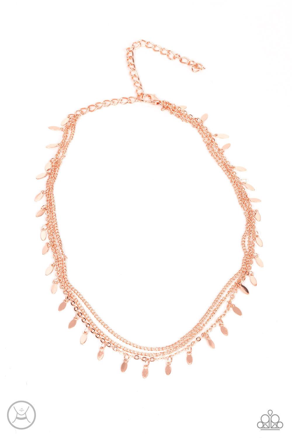 Paparazzi Accessories Monochromatic Magic - Rose Gold Infused with two dainty rows of rose gold chains, a row of rose gold oval discs glisten around the neck for a playful look. Features an adjustable clasp closure. Sold as one individual choker necklace.