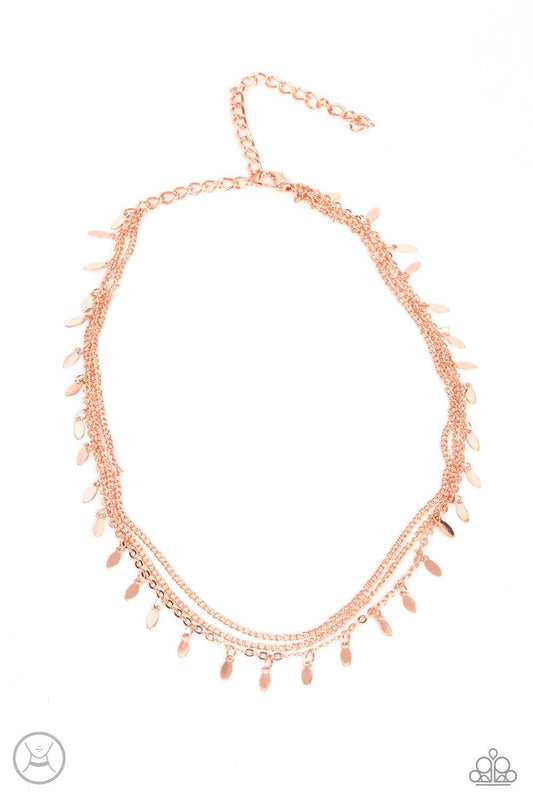 Paparazzi Accessories Monochromatic Magic - Rose Gold Infused with two dainty rows of rose gold chains, a row of rose gold oval discs glisten around the neck for a playful look. Features an adjustable clasp closure. Sold as one individual choker necklace.