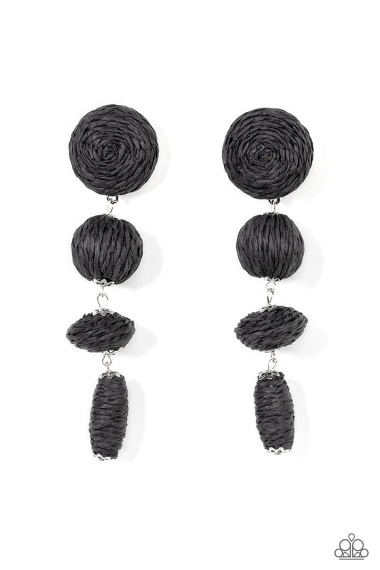 Paparazzi Accessories Twine Tango - Black Strands of black crepe-like twine wraps around circle, sphere, oval, and oblong frames that delicately connect into a decorative tassel for a trendy homespun finish. Earring attaches to a standard post fitting. So