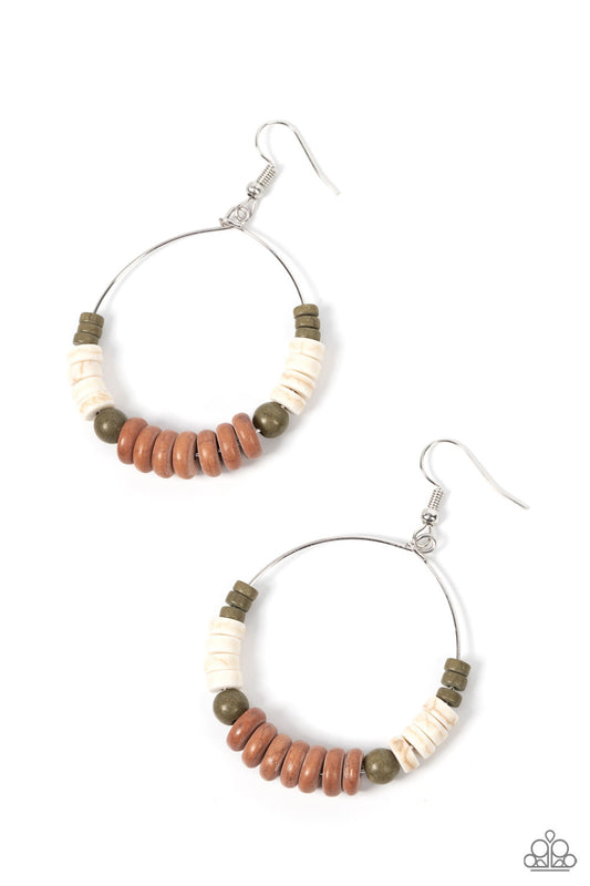 Paparazzi Accessories Earthy Esteem - Brown Featuring round and disc shapes, an earthy assortment of white, brown, and green stones glides along a dainty wire hoop for an artisan inspired aesthetic. Earring attaches to a standard fishhook fitting. Sold as