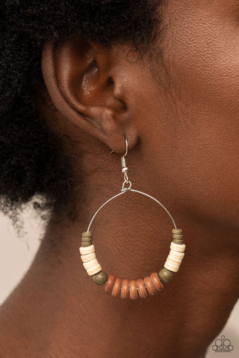 Paparazzi Accessories Earthy Esteem - Brown Featuring round and disc shapes, an earthy assortment of white, brown, and green stones glides along a dainty wire hoop for an artisan inspired aesthetic. Earring attaches to a standard fishhook fitting. Sold as