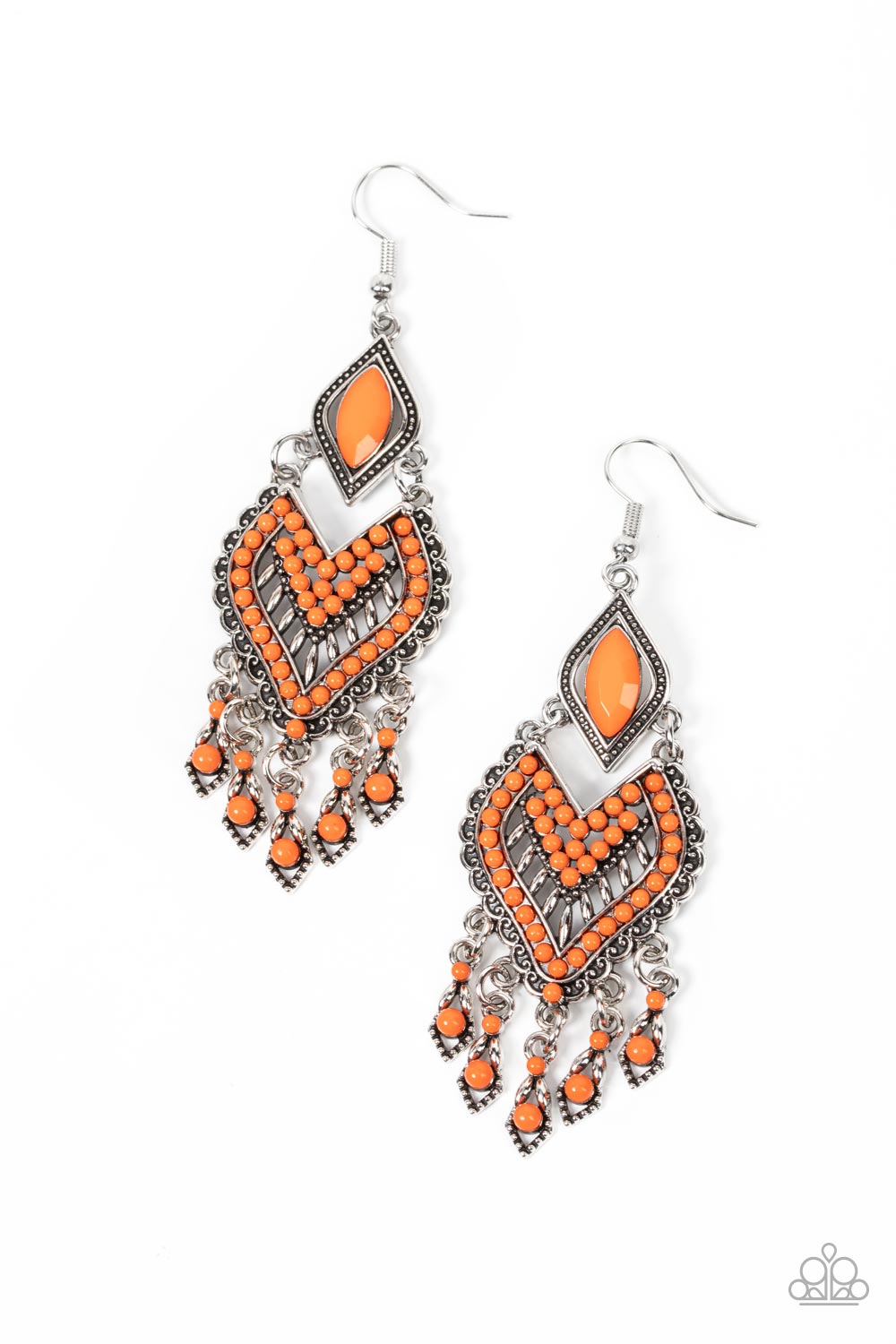 Paparazzi Accessories Dearly Debonair - Orange Featuring the refreshing hue of Burnt Orange, dainty seed beads adorn the front of a scalloped heart shaped frame that swings from the bottom of a studded silver frame adorned in a marquise cut Burnt Orange b