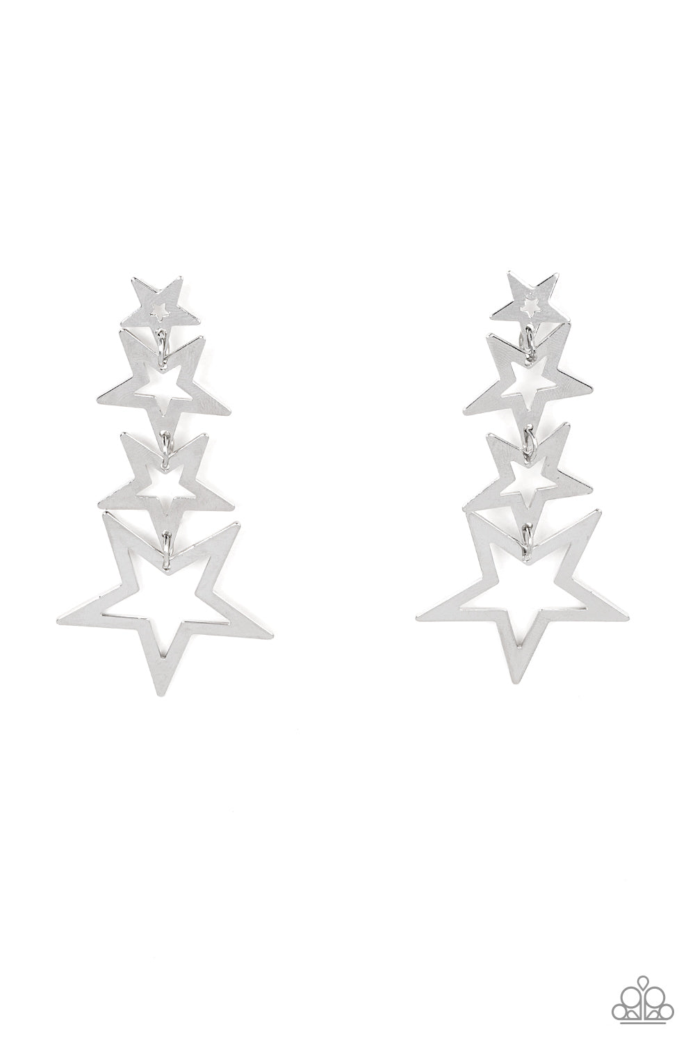 Paparazzi Accessories Superstar Crescendo - Silver Flat silver star frames gradually increase in size as they delicately link into a stellar tassel, resulting in an out-of-this-world fashion. Earring attaches to a standard post fitting. Sold as one pair o