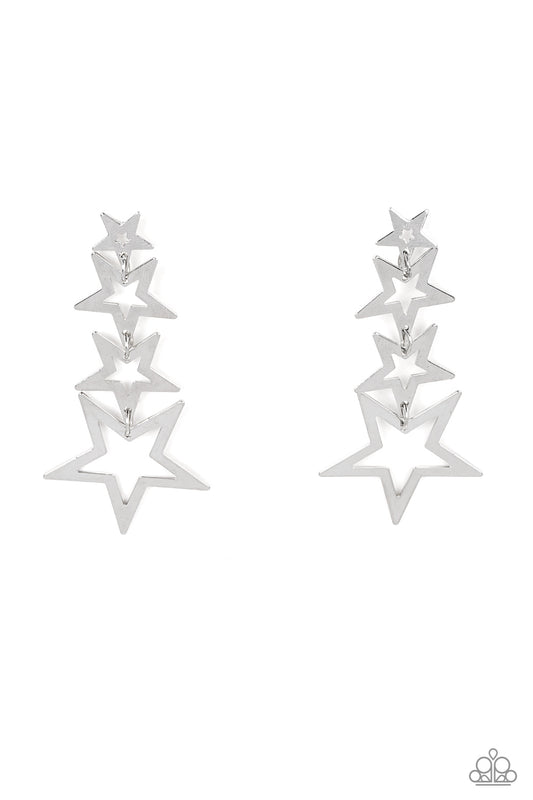 Paparazzi Accessories Superstar Crescendo - Silver Flat silver star frames gradually increase in size as they delicately link into a stellar tassel, resulting in an out-of-this-world fashion. Earring attaches to a standard post fitting. Sold as one pair o