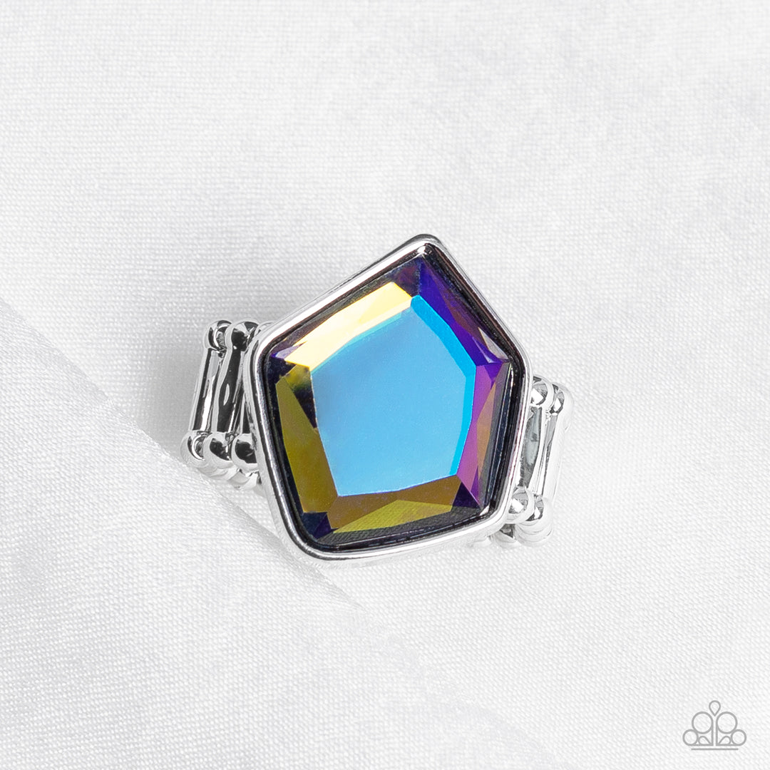 Paparazzi Accessories Abstract Escapade - Multi Featuring a purple UV finish, a faceted geometric multicolored gem sits asymmetrically atop the finger for a stellar finish. Features a stretchy band for a flexible fit. Sold as one individual ring. Jewelry