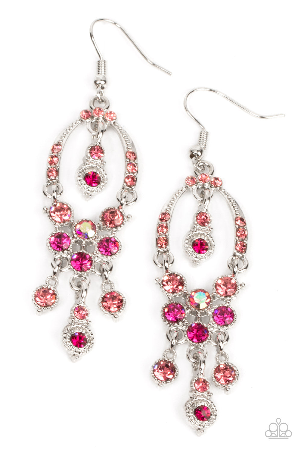 Paparazzi Accessories Sophisticated Starlet - Pink A pink rhinestone encrusted silver horseshoe frame delicately attaches to a glitzy tassel of pink, Fuchsia Fedora, and iridescent rhinestones for a timeless twinkle. A matching pink and Fuchsia Fedora rhi