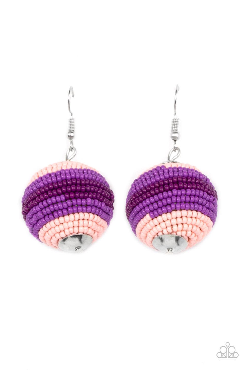 Paparazzi Accessories Zest Fest - Purple Strands of Pale Rosette, purple, and plum seed beads decoratively spin around a spherical frame, resulting in a colorful 3-dimensional display. Earring attaches to a standard fishhook fitting. Sold as one pair of e
