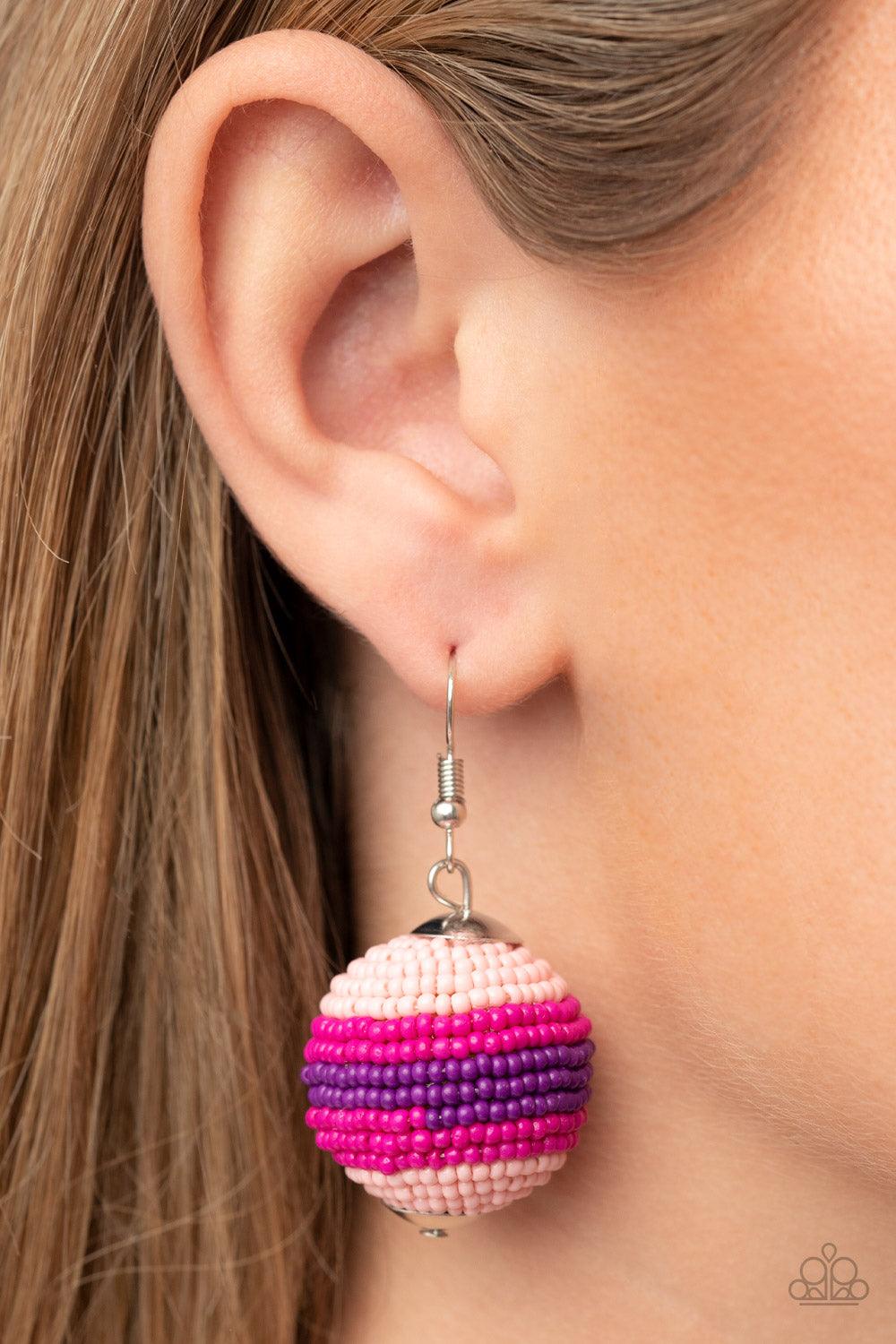 Paparazzi Accessories Zest Fest - Pink Strands of Pale Rosette, Fuchsia Fedora, and purple seed beads decoratively spin around a spherical frame, resulting in a colorful 3-dimensional display. Earring attaches to a standard fishhook fitting. Sold as one p
