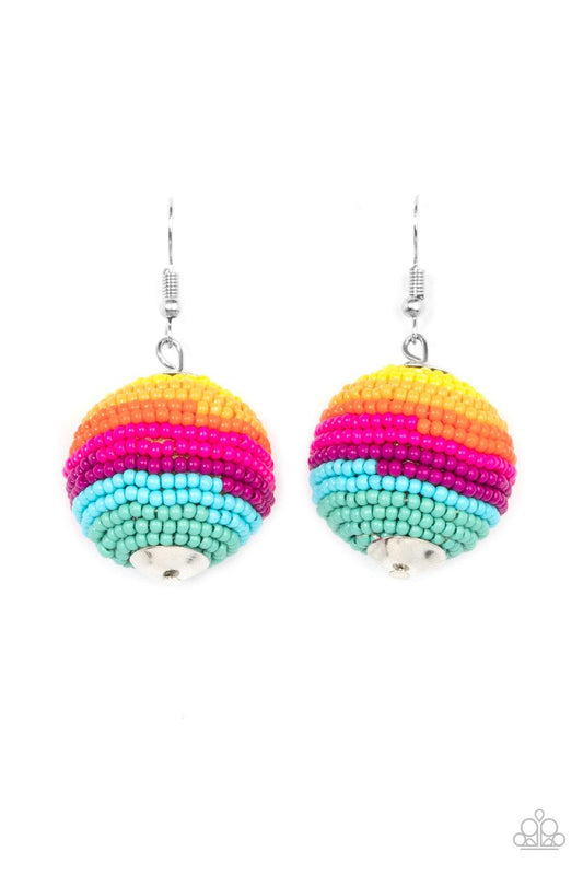 Paparazzi Accessories Zest Fest - Multi Strands of multicolored seed beads decoratively spin around a spherical frame, resulting in a colorful 3-dimensional display. Earring attaches to a standard fishhook fitting. Sold as one pair of earrings. Jewelry
