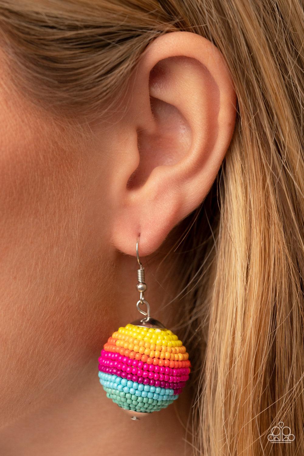 Paparazzi Accessories Zest Fest - Multi Strands of multicolored seed beads decoratively spin around a spherical frame, resulting in a colorful 3-dimensional display. Earring attaches to a standard fishhook fitting. Sold as one pair of earrings. Jewelry