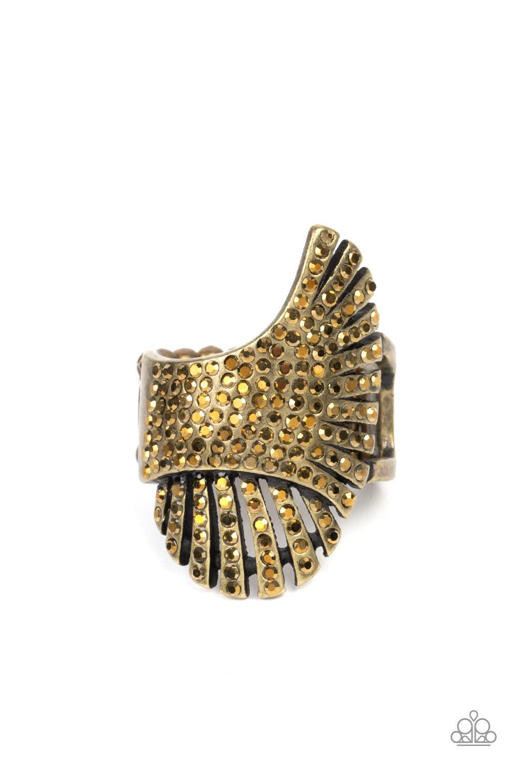 Paparazzi Accessories Express Your-SELFIE - Brass Dainty aurum rhinestones are sprinkled across pillared brass frames that asymmetrically overlap across the center of the finger, culminating into an expressive shimmer. Features a stretchy band for a flexi