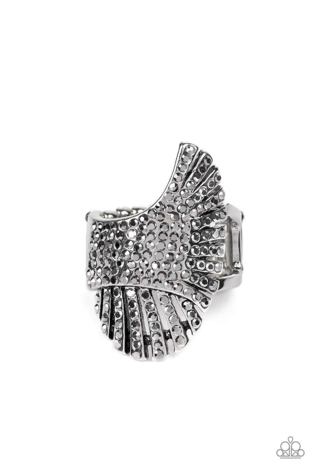 Paparazzi Accessories Express Your-SELFIE - Silver Dainty hematite rhinestones are sprinkled across pillared silver frames that asymmetrically overlap across the center of the finger, culminating into an expressive shimmer. Features a stretchy band for a