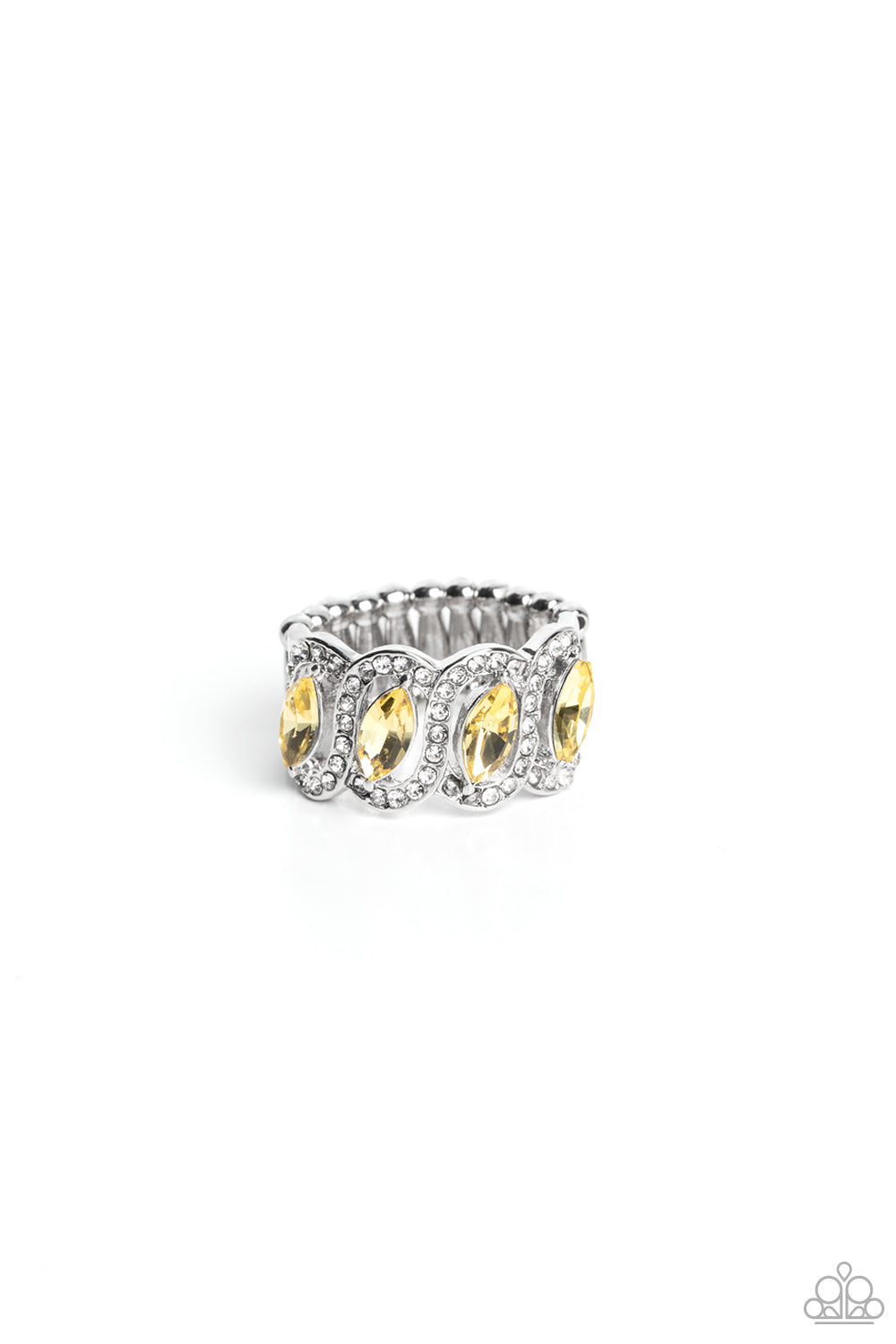 Paparazzi Accessories Staggering Sparkle - Yellow White rhinestone encrusted silver ribbons loop around marquise-cut yellow rhinestone centers that delicately slant across the finger, coalescing into a sparkly centerpiece. Features a stretchy band for a f