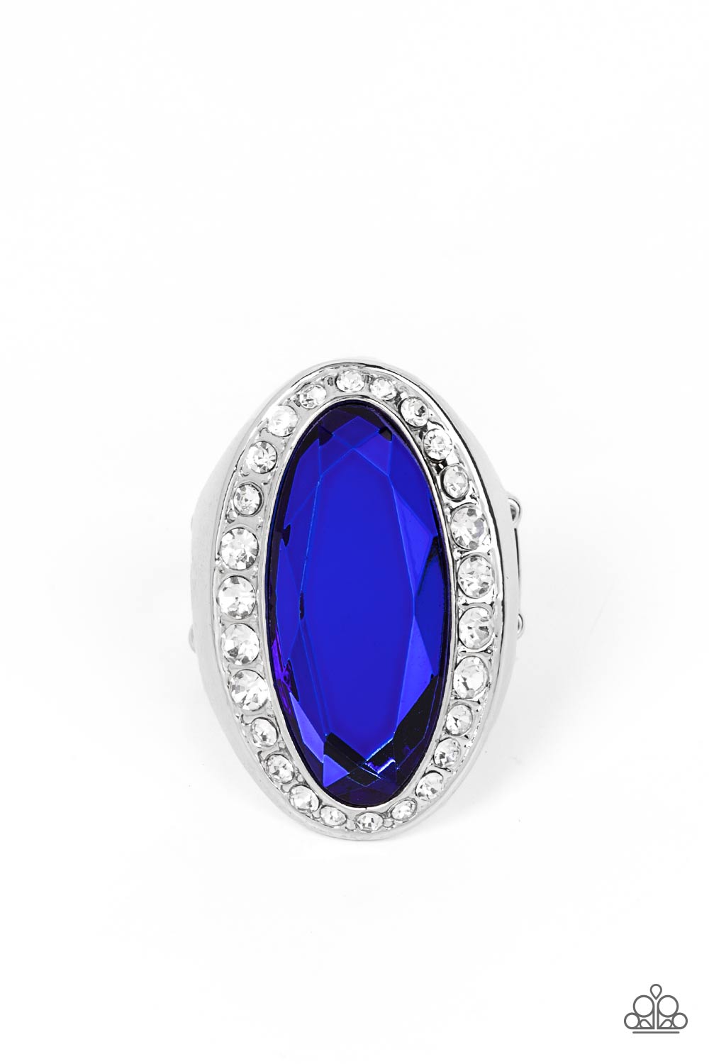 Paparazzi Accessories Believe in Bling - Blue Bordered by a glitzy ring of white rhinestones, an oblong blue gem embellishes the center of a dramatically oversized silver frame for a blinding finish. Features a stretchy band for a flexible fit. Sold as on