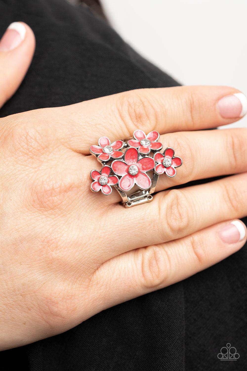Paparazzi Accessories Boastful Blooms - Red Dotted with dainty white rhinestone centers, a bouquet of shiny red flowers blooms across the finger for a sensational seasonal look. Features a stretchy band for a flexible fit. Sold as one individual ring. Jew