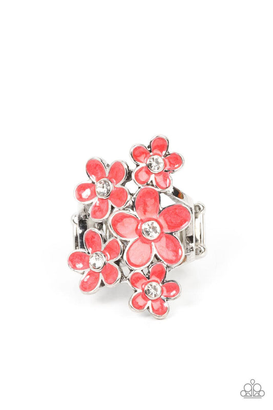 Paparazzi Accessories Boastful Blooms - Red Dotted with dainty white rhinestone centers, a bouquet of shiny red flowers blooms across the finger for a sensational seasonal look. Features a stretchy band for a flexible fit. Sold as one individual ring. Jew