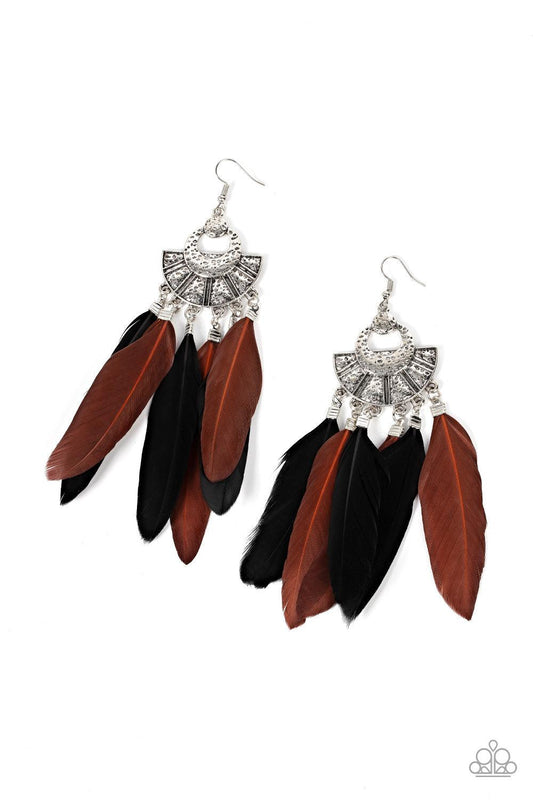 Paparazzi Accessories Plume Paradise - Multi Oversized black and brown feathers swing from the bottom of an ornately hammered and stacked silver frame, resulting in a flirtatiously colorful fringe. Earring attaches to a standard fishhook fitting. Sold as
