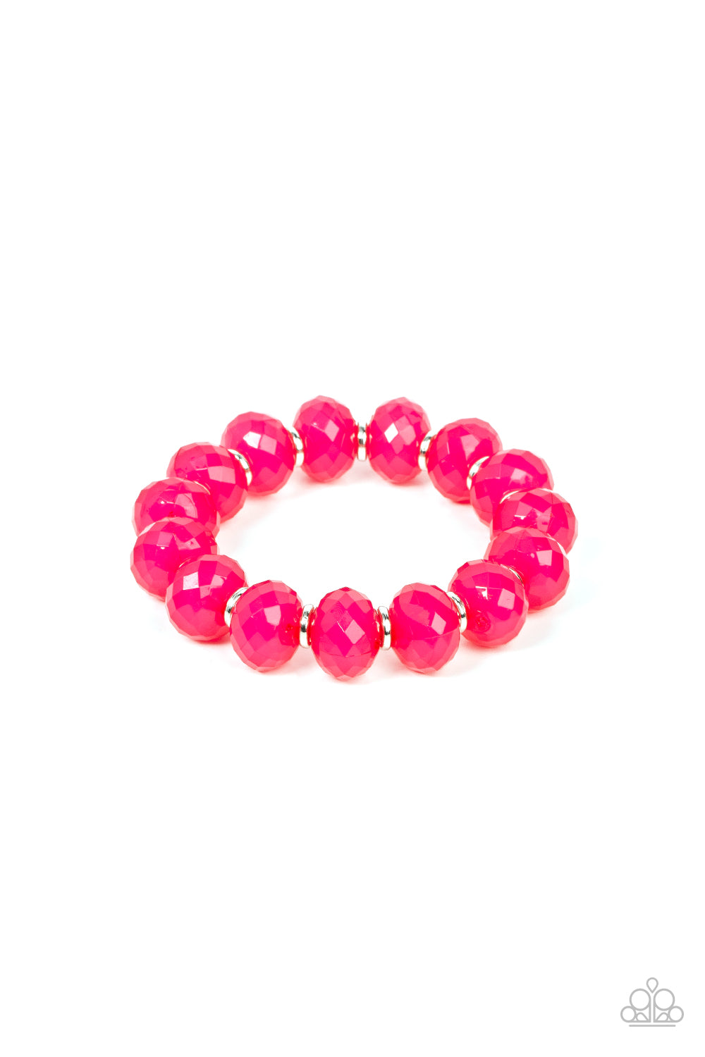 Paparazzi Accessories This is My Jam! - Pink Dainty silver rings and oversized faceted opaque pink crystal-like beads alternate along a stretchy band around the wrist, creating a mystical pop of color. Sold as one individual bracelet. Jewelry