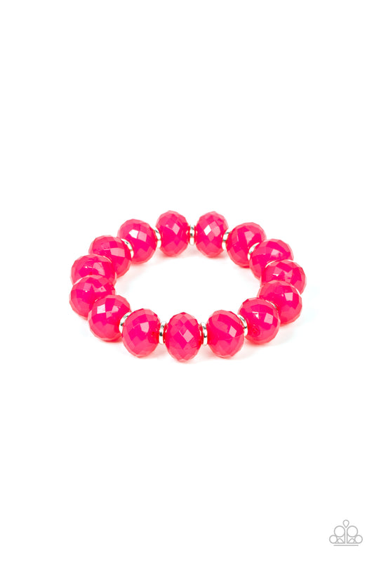 Paparazzi Accessories This is My Jam! - Pink Dainty silver rings and oversized faceted opaque pink crystal-like beads alternate along a stretchy band around the wrist, creating a mystical pop of color. Sold as one individual bracelet. Jewelry