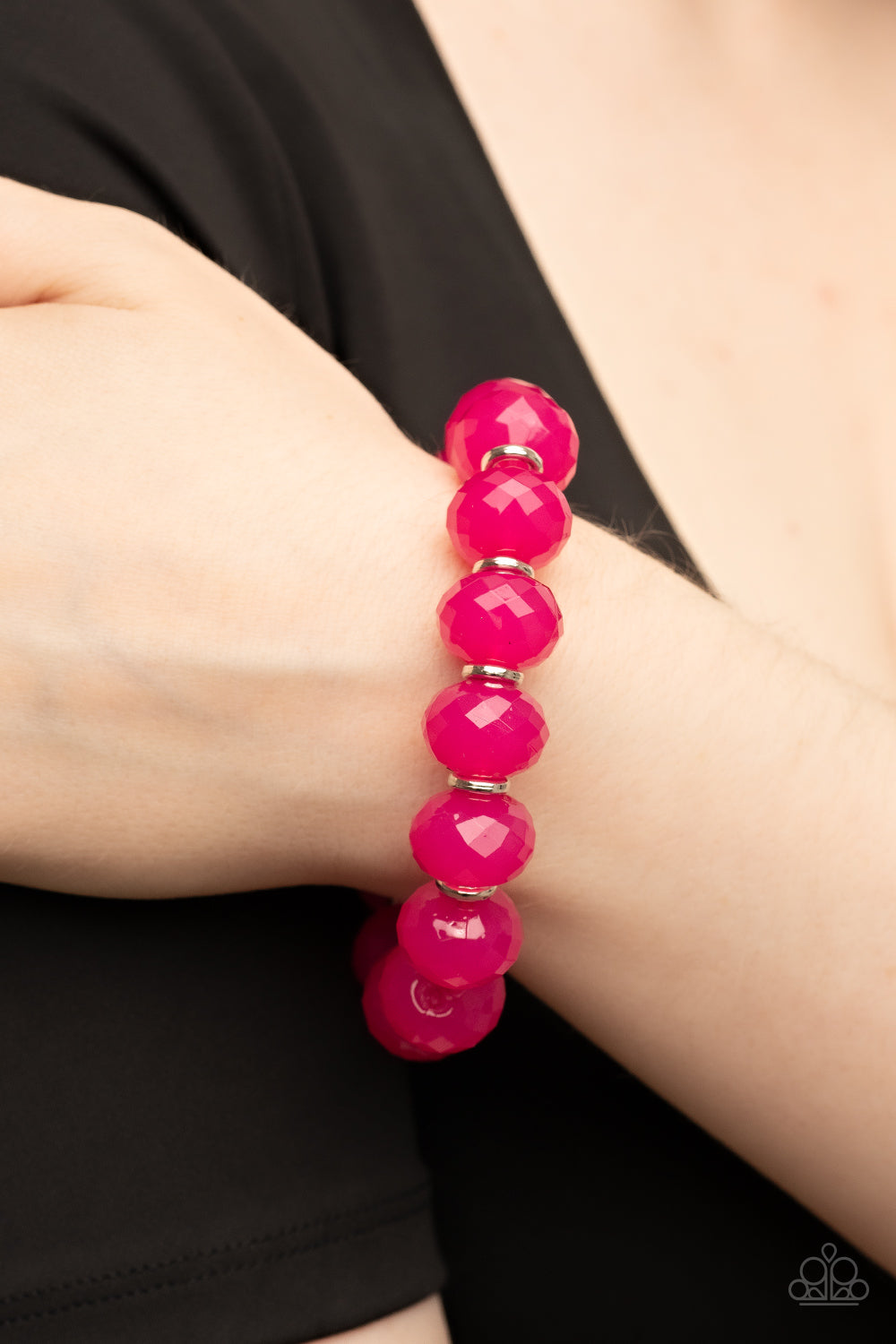 Paparazzi Accessories This is My Jam! - Pink Dainty silver rings and oversized faceted opaque pink crystal-like beads alternate along a stretchy band around the wrist, creating a mystical pop of color. Sold as one individual bracelet. Jewelry