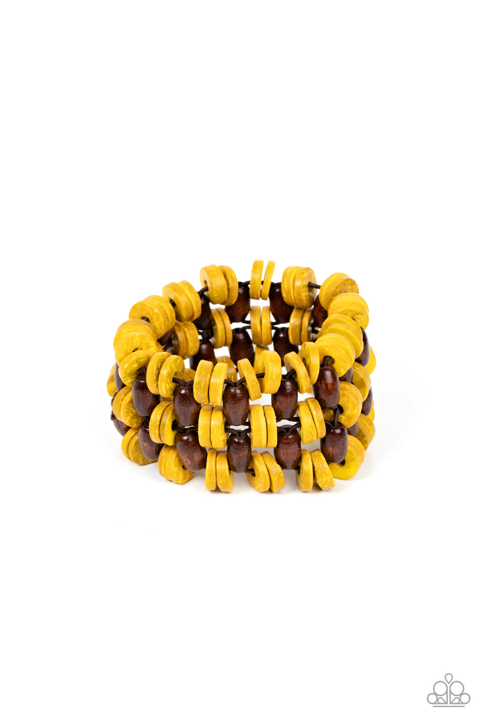 Paparazzi Accessories Galapagos Go-Getter - Yellow A tropical collection of distressed yellow wooden discs and brown oval wooden beads are decoratively threaded along stretchy bands around the wrist, creating a refreshing pop of summery fun. Sold as one i