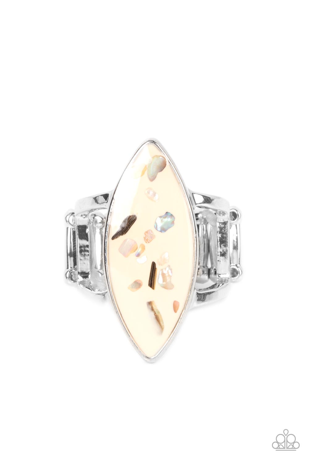 Paparazzi Accessories Oceanic Odyssey - Brown Iridescent shell-like flecks are sprinkled across a brown backdrop inside a glassy marquise shaped frame, resulting in a playful splash of color atop layered silver bands. Features a stretchy band for a flexib