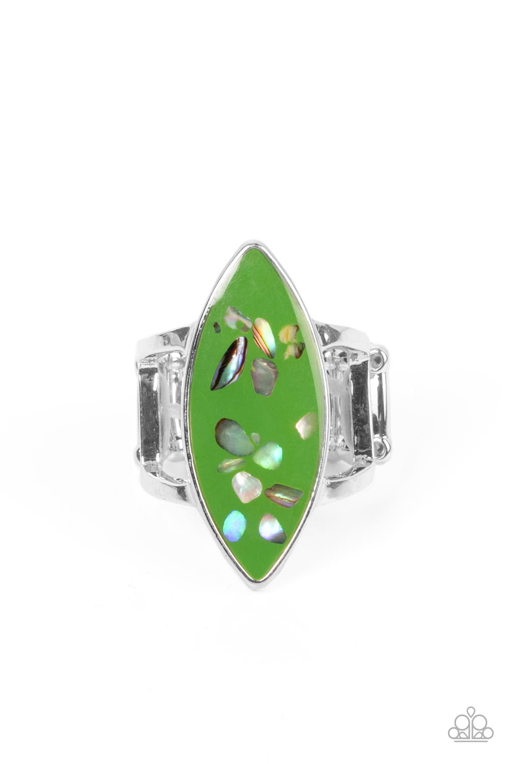 Paparazzi Accessories Oceanic Odyssey - Green Iridescent shell-like flecks are sprinkled across a green backdrop inside a glassy marquise shaped frame, resulting in a playful splash of color atop layered silver bands. Features a stretchy band for a flexib