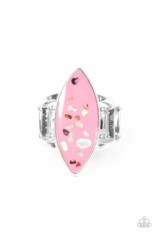 Paparazzi Accessories Oceanic Odyssey - Pink Iridescent shell-like flecks are sprinkled across a pink backdrop inside a glassy marquise shaped frame, resulting in a playful splash of color atop layered silver bands. Features a stretchy band for a flexible