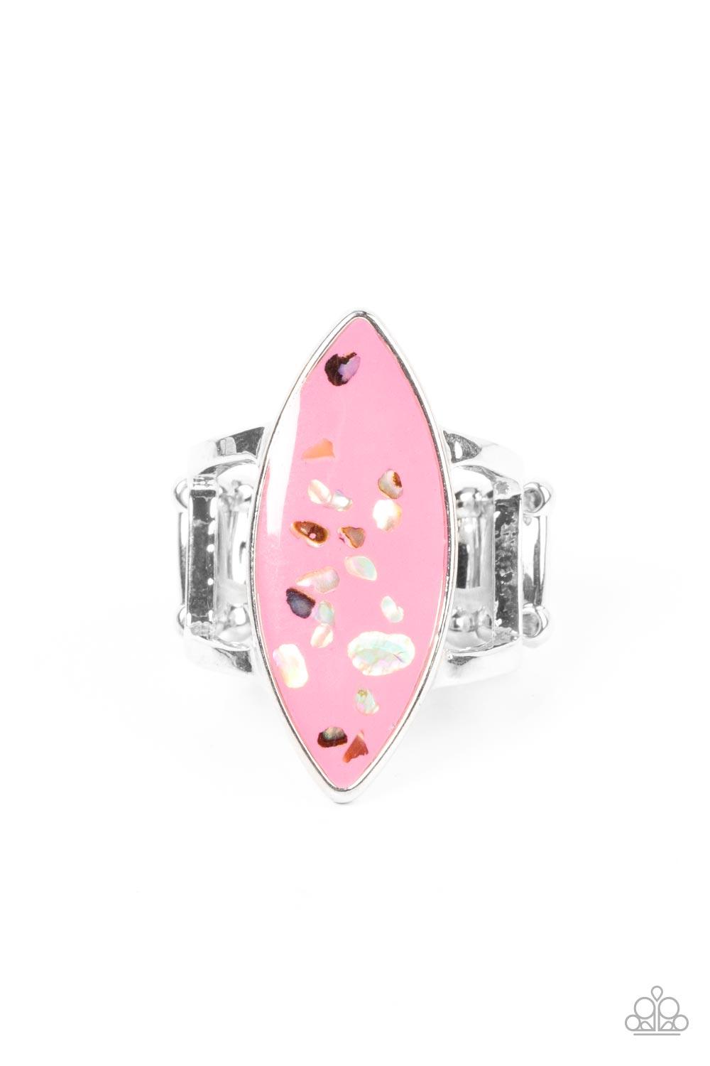 Paparazzi Accessories Oceanic Odyssey - Pink Iridescent shell-like flecks are sprinkled across a pink backdrop inside a glassy marquise shaped frame, resulting in a playful splash of color atop layered silver bands. Features a stretchy band for a flexible