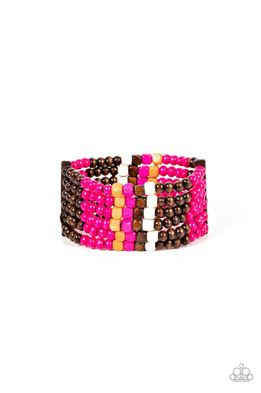 Paparazzi Accessories Dive into Maldives - Pink Held together with rectangular wooden frames, a colorful collection of orange, brown, white, and Fuchsia Fedora cube and round wooden beads are threaded along stretchy bands around the wrist for a splash of