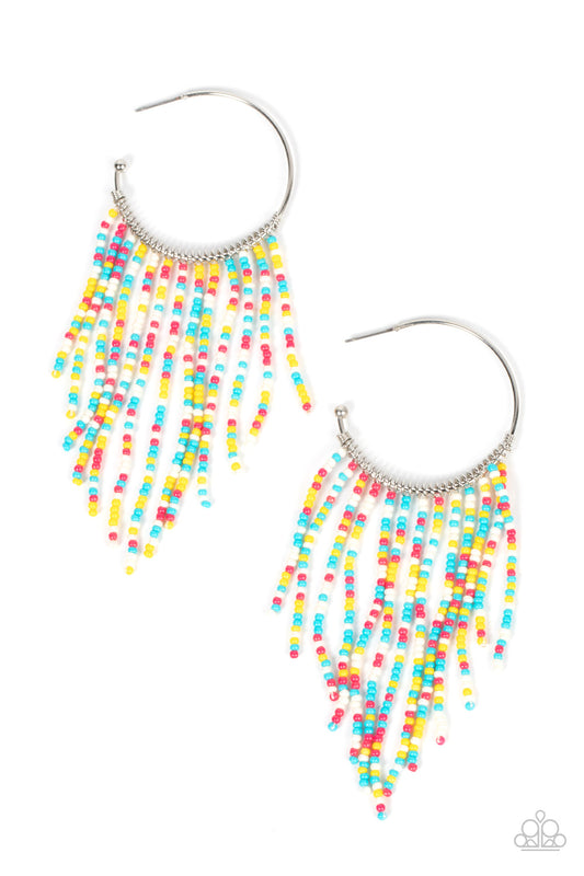 Paparazzi Accessories Saguaro Breeze - Multi Strands of dainty Illuminating, Fuchsia Fedora, white, and blue seed beads stream out from the bottom of a classic silver hoop, resulting in a flirtatiously tasseled look. Earring attaches to a standard post fi