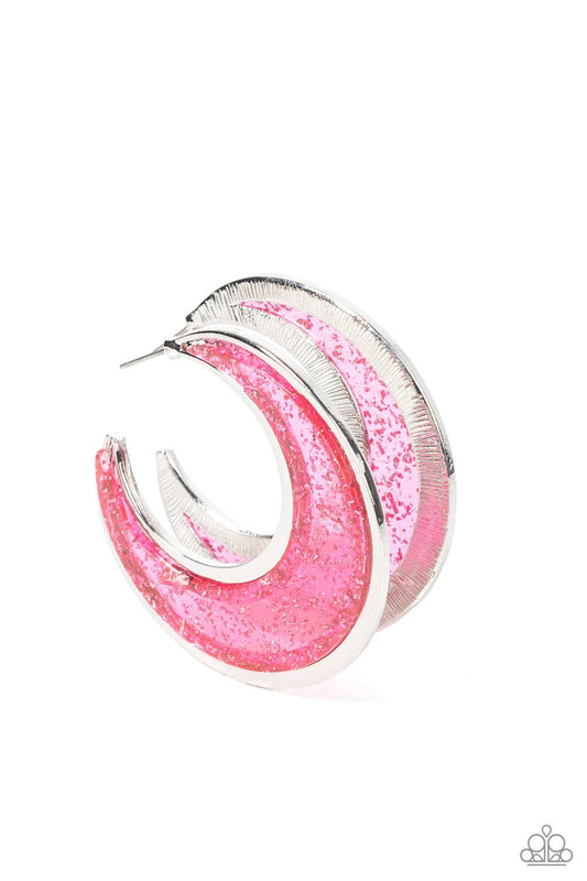 Paparazzi Accessories Charismatically Curvy - Pink Flecked in silver shavings, a glistening pink acrylic half moon frame is bordered with flat shiny bars that coalesce into a curvaceous hoop. Earring attaches to a standard post fitting. Hoop measures appr