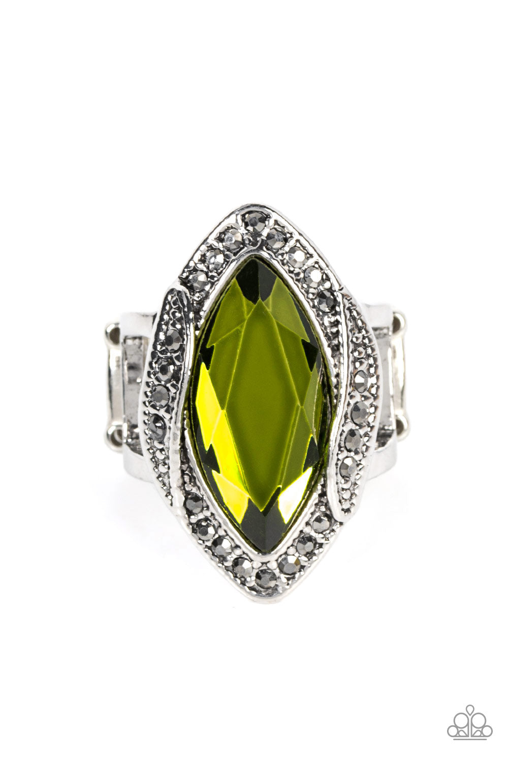 Paparazzi Accessories Let Me Take a REIGN Check - Green Dotted in dainty hematite rhinestones, folds of silver gather around an oversized marquise cut green gem for a gritty display of glitter atop the finger. Features a stretchy band for a flexible fit.