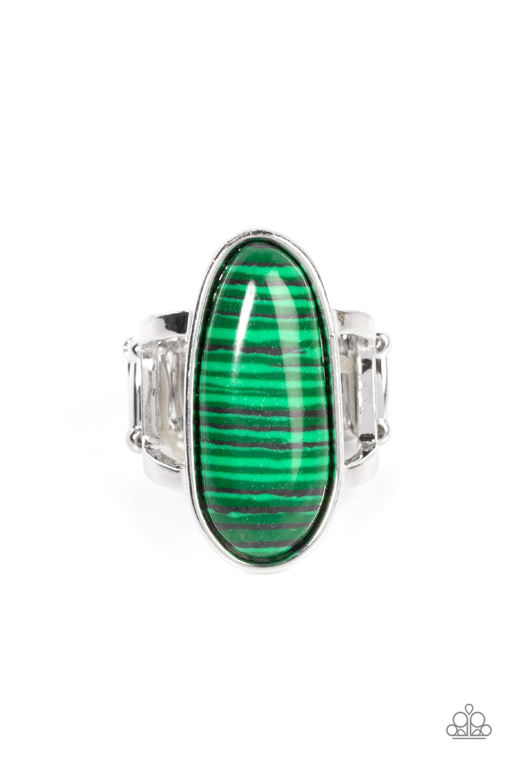 Paparazzi Accessories Eco Expression - Green Painted in a faux stone finish, an oblong green bead is pressed into a sleek silver fitting atop layered silver bands for an artisanal finish. Features a stretchy band for a flexible fit. Sold as one individual