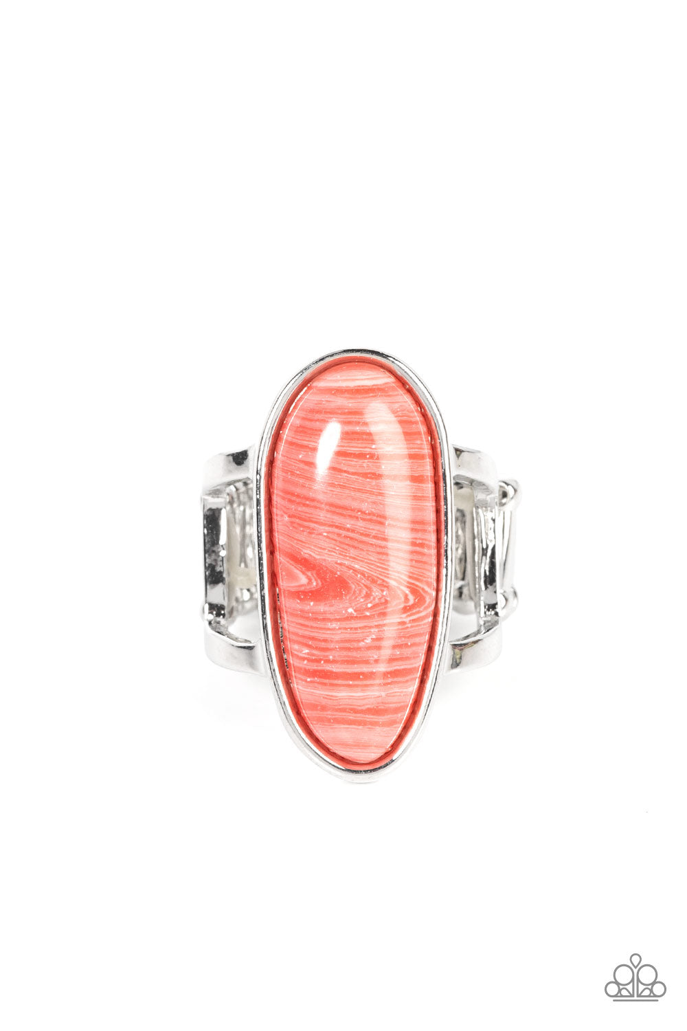 Paparazzi Accessories Eco Expression - Pink Painted in a faux sandstone finish, an oblong pink bead is pressed into a sleek silver fitting atop layered silver bands for an artisanal finish. Features a stretchy band for a flexible fit. Sold as one individu