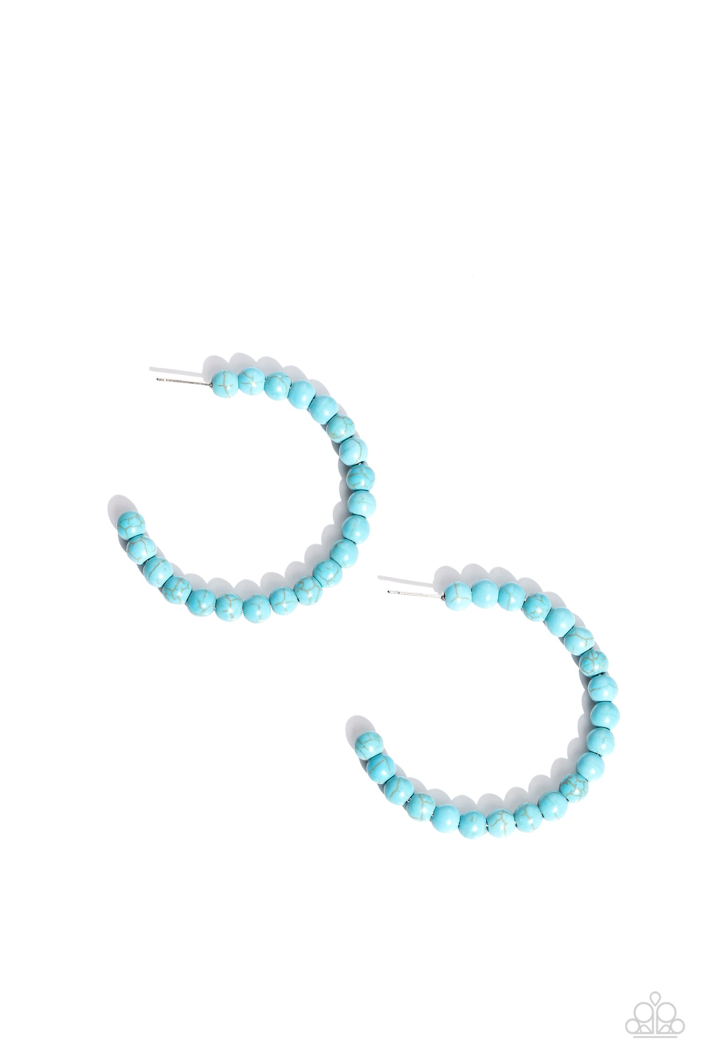 Paparazzi Accessories Rural Retrograde - Blue Refreshing turquoise stone beads are threaded along a dainty wire hoop, resulting in an earthy flair. Earring attaches to a standard post fitting. Hoop measures approximately 2" in diameter. Sold as one pair o