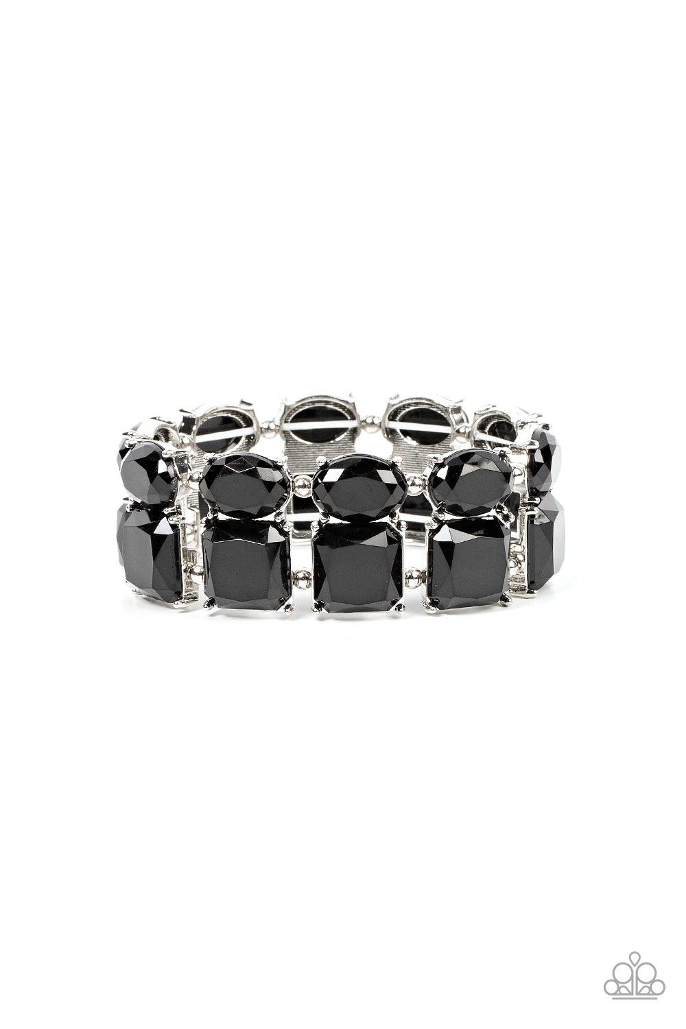 Paparazzi Accessories Dont Forget Your Toga - Black Separated by pairs of dainty silver beads, faceted stacks of oval and square cut black beads are threaded along a stretchy band around the wrist for a bold pop of color. Sold as one individual bracelet.