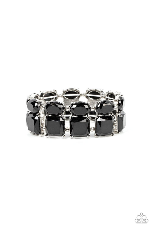 Paparazzi Accessories Dont Forget Your Toga - Black Separated by pairs of dainty silver beads, faceted stacks of oval and square cut black beads are threaded along a stretchy band around the wrist for a bold pop of color. Sold as one individual bracelet.