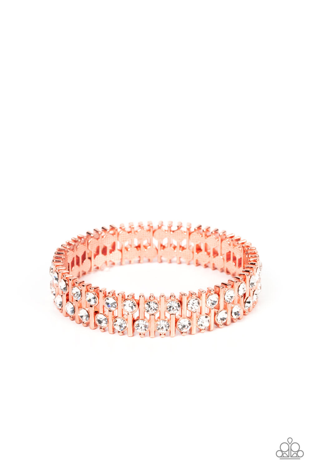 Paparazzi Accessories Generational Glimmer - Copper Attached to shiny copper bars, a staggered display of solitaire white rhinestones alternates along a stretchy band around the wrist for an unexpected pop of shimmer around the wrist. Sold as one individu