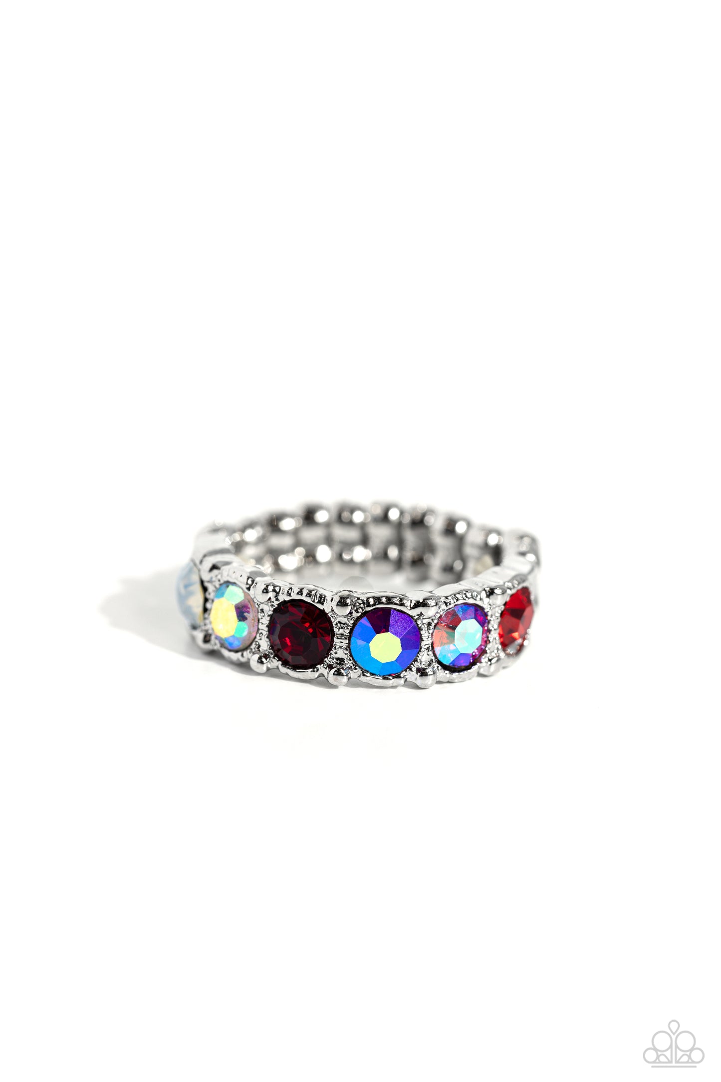 Paparazzi Accessories Taming Twilight - Red A glitzy collection of iridescent, red, and opal rhinestones encrusts the front of a studded silver band, result in a sparkly spectrum of color across the finger. Features a dainty stretchy band for a flexible f