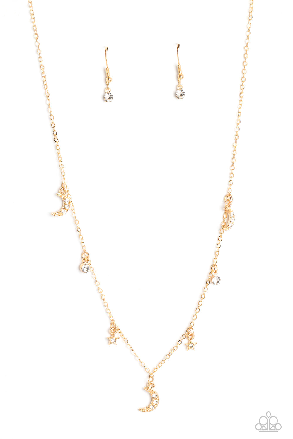 Paparazzi Accessories Lunar Lagoon - Gold Dotted with dainty white rhinestones, a cosmic collection of gold moon and star charms swings from a dainty gold chain below the collar. Solitaire white rhinestones sparkle in between the charms, adding additional